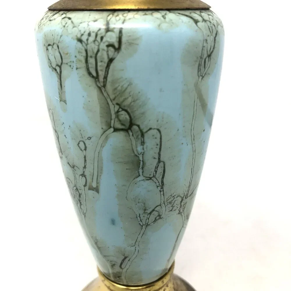Delft Holland Brass & Marbled Aqua Hand Painted Bud Vase VTG MCM Euro Modern
